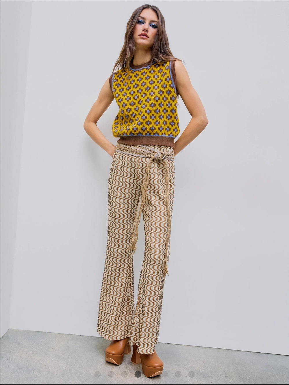Cider Yellow Floral Knit Sweater Vest with Brown Trim - Picture 4 of 7